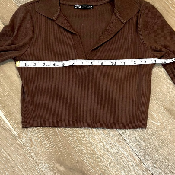Zara Long Sleeve Ribbed Collared Crop Top Brown Medium - Picture 3 of 6